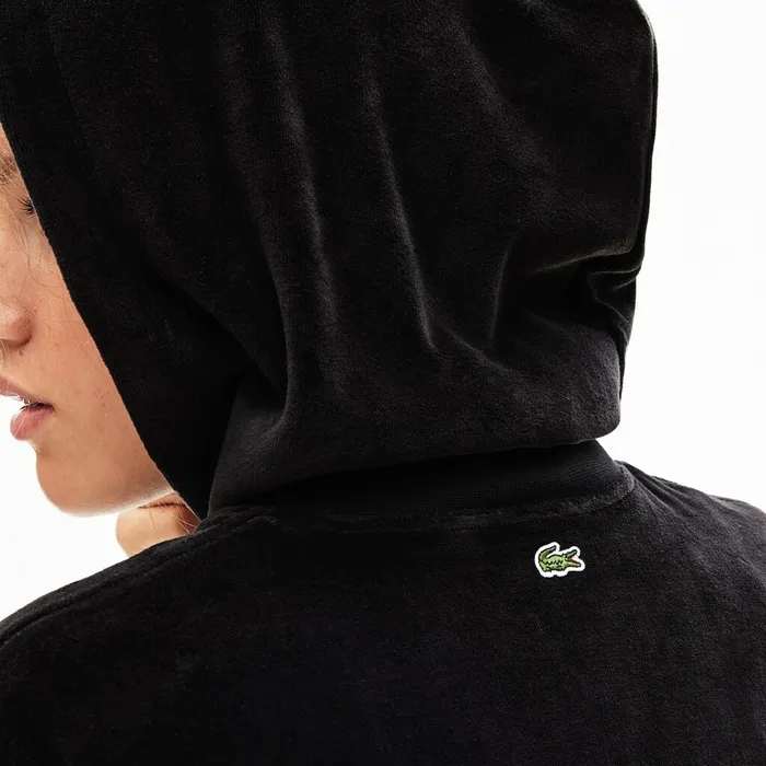 LIVE Golden Signature Hooded Velvet Sweatshirt Black Womens Lacoste Sweaters and Sweatshirts On Sale