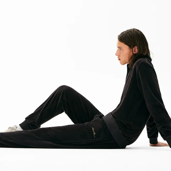 LIVE Golden Signature Velvet Sweatpants Black Mens Lacoste Pants and Shorts Outlet Factory