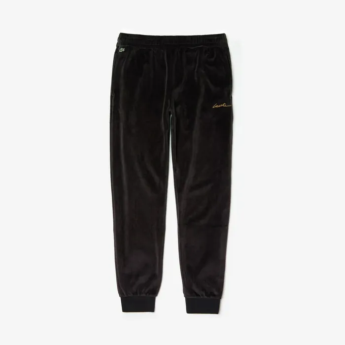 LIVE Golden Signature Velvet Sweatpants Black Mens Lacoste Pants and Shorts Outlet Factory