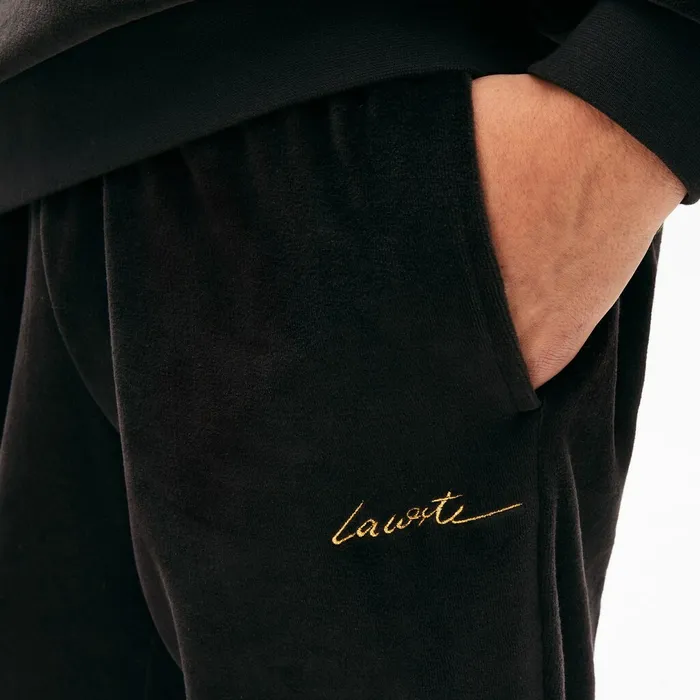 LIVE Golden Signature Velvet Sweatpants Black Mens Lacoste Pants and Shorts Outlet Factory