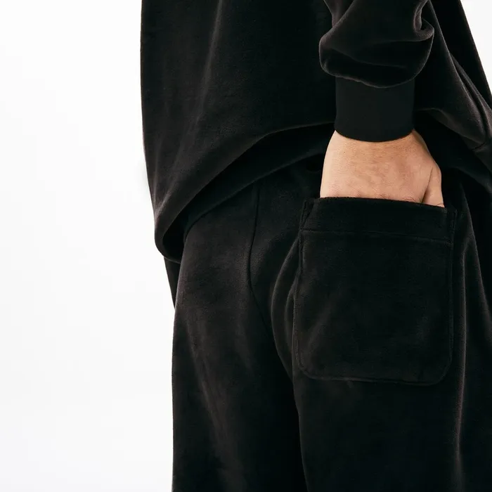 LIVE Golden Signature Velvet Sweatpants Black Mens Lacoste Pants and Shorts Outlet Factory