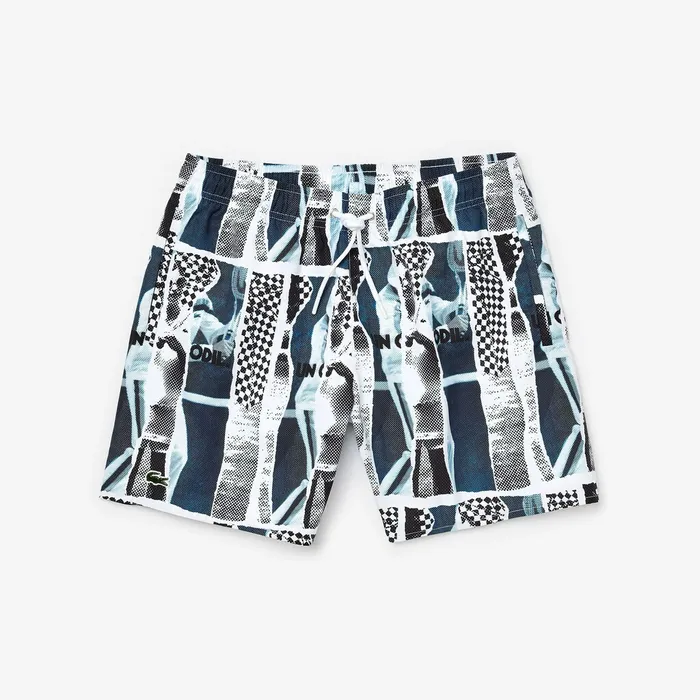 LIVE Graphic Print Lightweight Swimming Trunks WhiteBlueWhite Mens Lacoste Swimwear Cheap On Sale