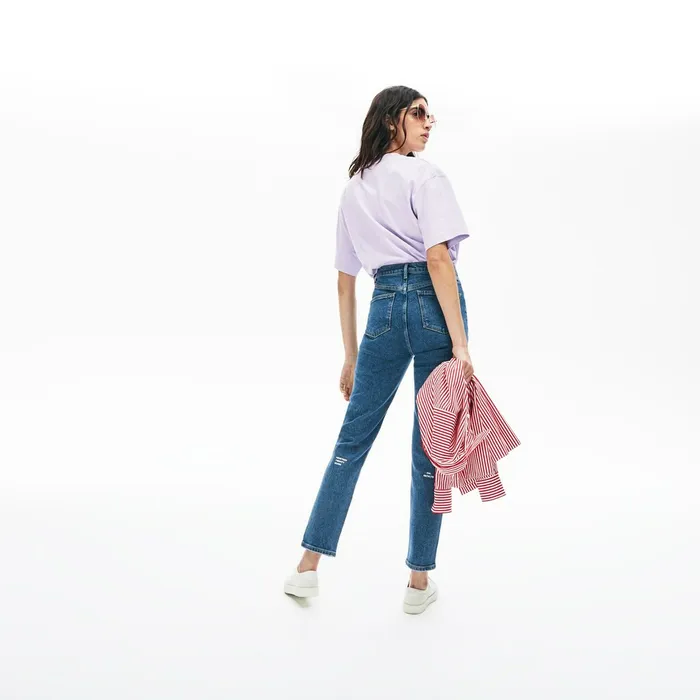 LIVE HighRise Washed Cotton Jeans Blue Womens Lacoste Pants and Shorts Online Outlet Store