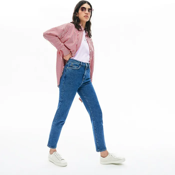 LIVE HighRise Washed Cotton Jeans Blue Womens Lacoste Pants and Shorts Online Outlet Store