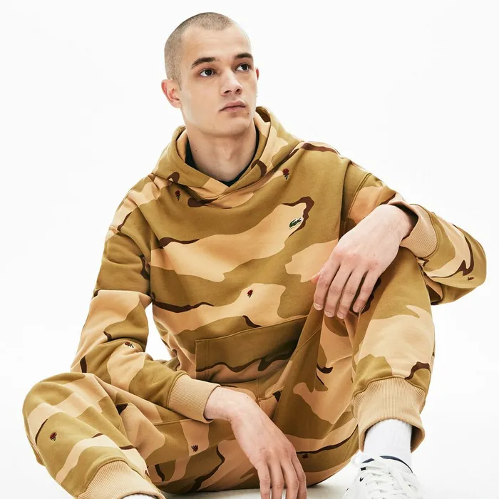 LIVE Hooded Camo Print Fleece Sweatshirt BeigeWhite Mens Lacoste Sweatshirts USA