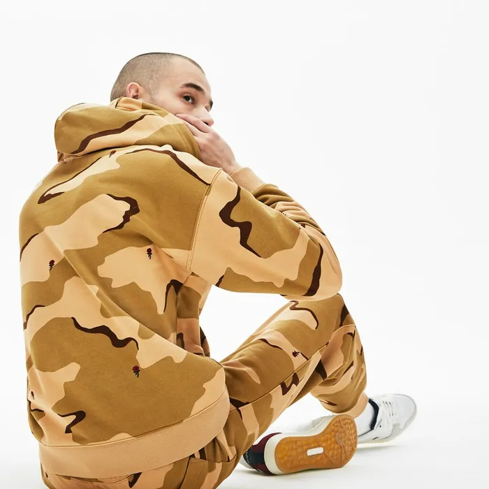 LIVE Hooded Camo Print Fleece Sweatshirt BeigeWhite Mens Lacoste Sweatshirts USA