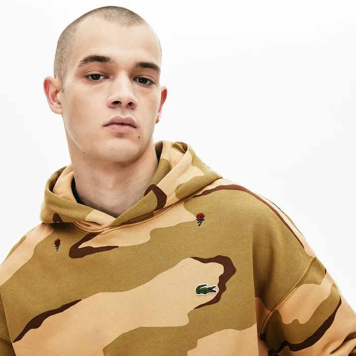 LIVE Hooded Camo Print Fleece Sweatshirt BeigeWhite Mens Lacoste Sweatshirts USA