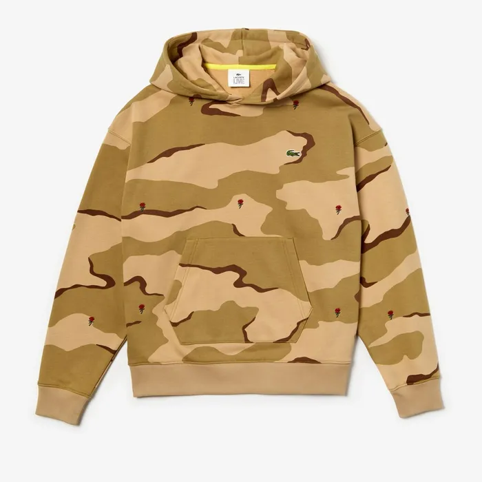 LIVE Hooded Camo Print Fleece Sweatshirt BeigeWhite Mens Lacoste Sweatshirts USA