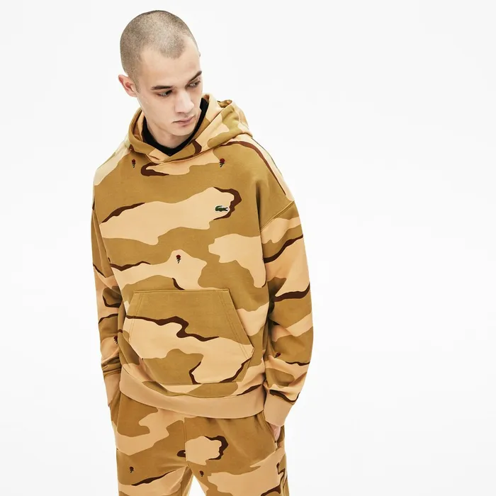 LIVE Hooded Camo Print Fleece Sweatshirt BeigeWhite Mens Lacoste Sweatshirts USA