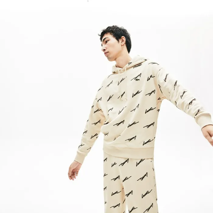 LIVE Hooded Print Fleece Sweatshirt Beige Mens Lacoste Sweatshirts Shop Online