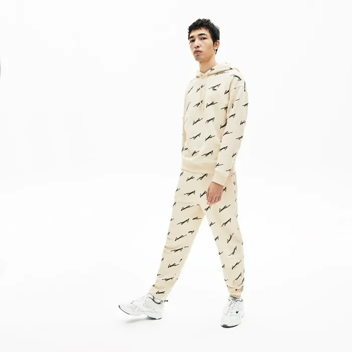 LIVE Hooded Print Fleece Sweatshirt Beige Mens Lacoste Sweatshirts Shop Online
