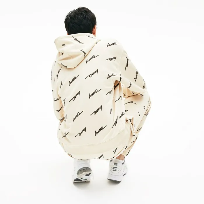 LIVE Hooded Print Fleece Sweatshirt Beige Mens Lacoste Sweatshirts Shop Online