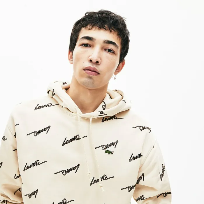 LIVE Hooded Print Fleece Sweatshirt Beige Mens Lacoste Sweatshirts Shop Online