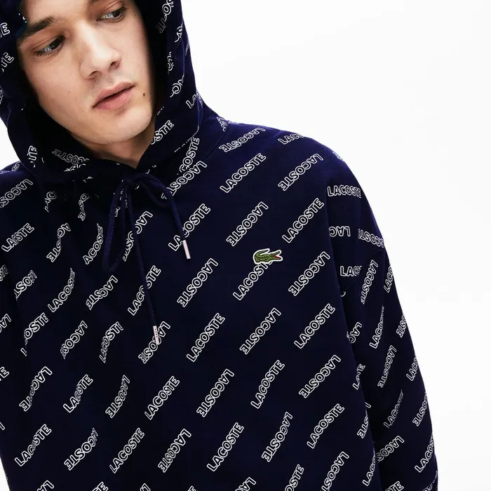 LIVE Hooded Signature Print Fleece Sweatshirt Navy BlueWhite Mens Lacoste Sweatshirts USA