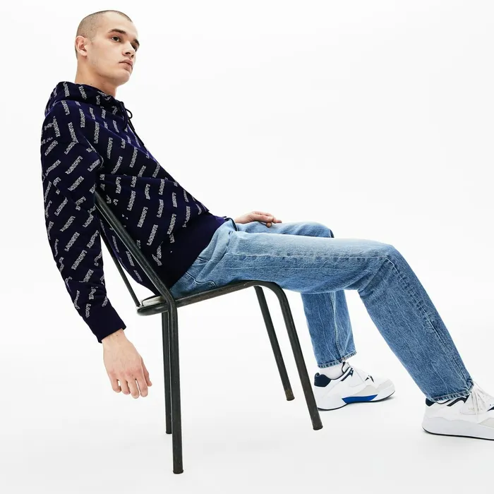 LIVE Hooded Signature Print Fleece Sweatshirt Navy BlueWhite Mens Lacoste Sweatshirts USA