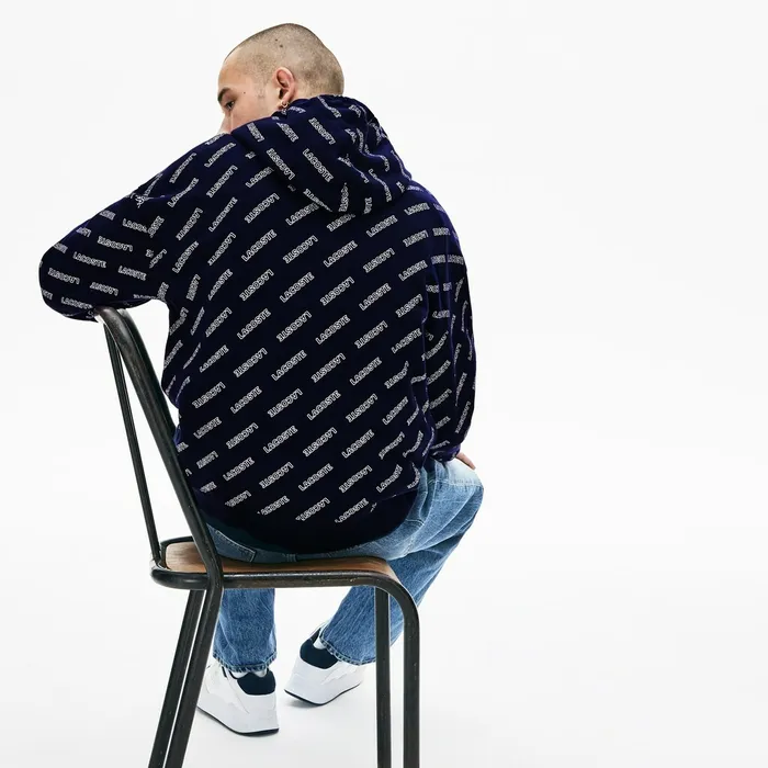 LIVE Hooded Signature Print Fleece Sweatshirt Navy BlueWhite Mens Lacoste Sweatshirts USA