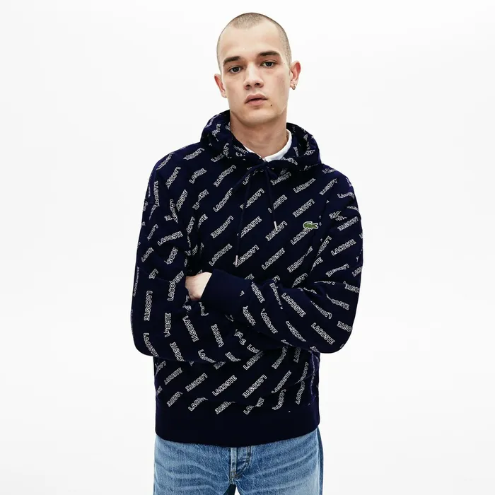 LIVE Hooded Signature Print Fleece Sweatshirt Navy BlueWhite Mens Lacoste Sweatshirts USA