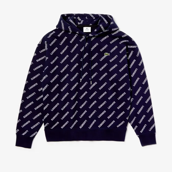LIVE Hooded Signature Print Fleece Sweatshirt Navy BlueWhite Mens Lacoste Sweatshirts USA