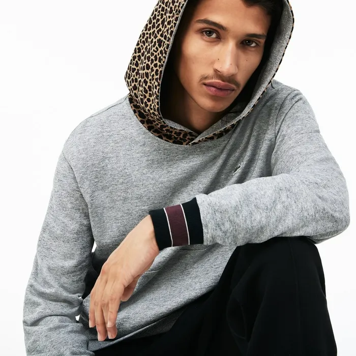 LIVE Leopard Print Hood Fleece Sweatshirt Grey ChineWhite Mens Lacoste Sweatshirts USA