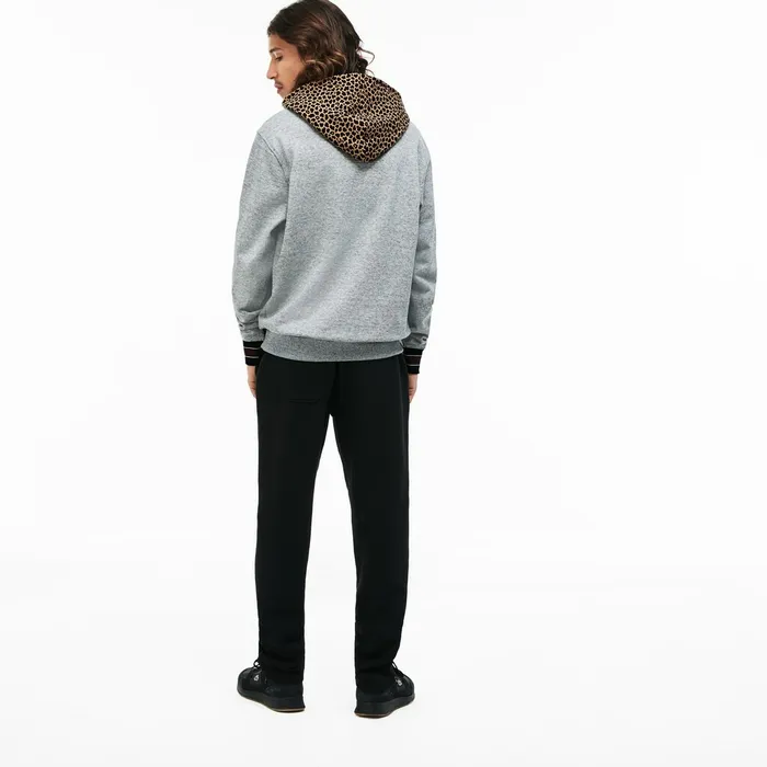 LIVE Leopard Print Hood Fleece Sweatshirt Grey ChineWhite Mens Lacoste Sweatshirts USA