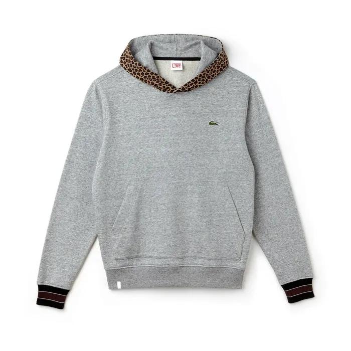 LIVE Leopard Print Hood Fleece Sweatshirt Grey ChineWhite Mens Lacoste Sweatshirts USA
