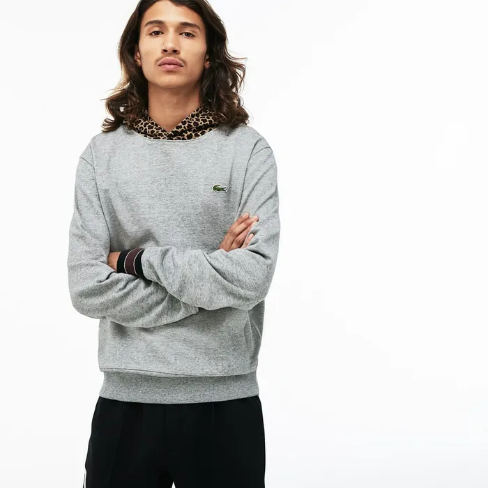 LIVE Leopard Print Hood Fleece Sweatshirt Grey ChineWhite Mens Lacoste Sweatshirts USA