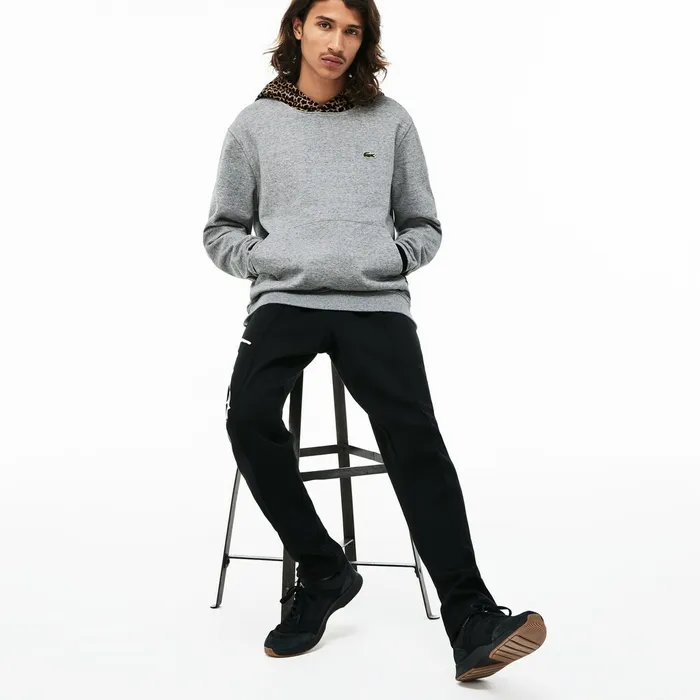 LIVE Leopard Print Hood Fleece Sweatshirt Grey ChineWhite Mens Lacoste Sweatshirts USA