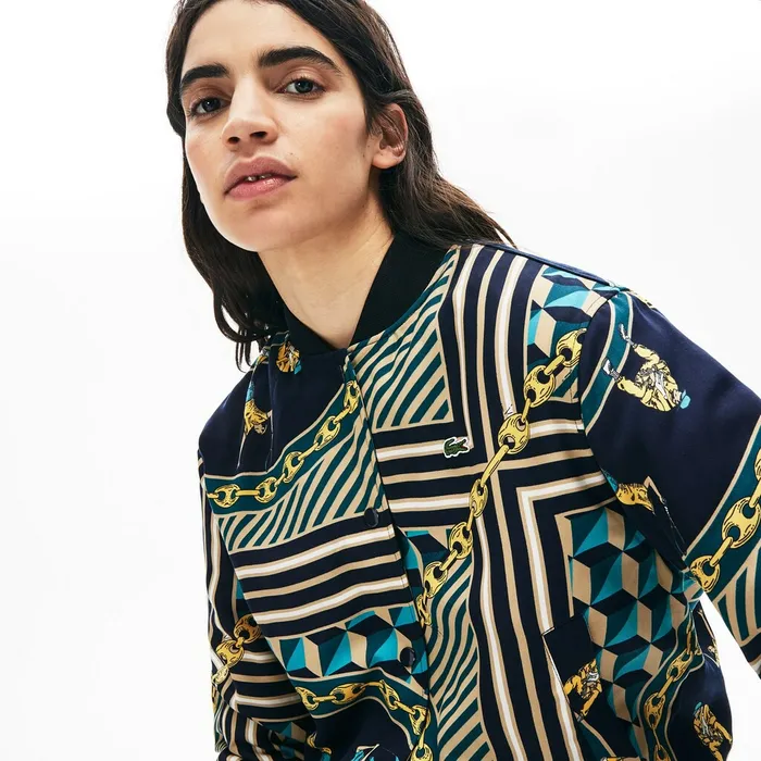 LIVE Lightweight ScarfPrint Bomber Jacket Navy BlueWhite Womens Lacoste Jackets and Coats Cheap On Sale LIVE Lightweight ScarfPrint Bomber Jacket Navy BlueWhite Womens Lacoste Jackets and Coats Cheap On Sale