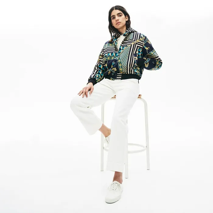 LIVE Lightweight ScarfPrint Bomber Jacket Navy BlueWhite Womens Lacoste Jackets and Coats Cheap On Sale