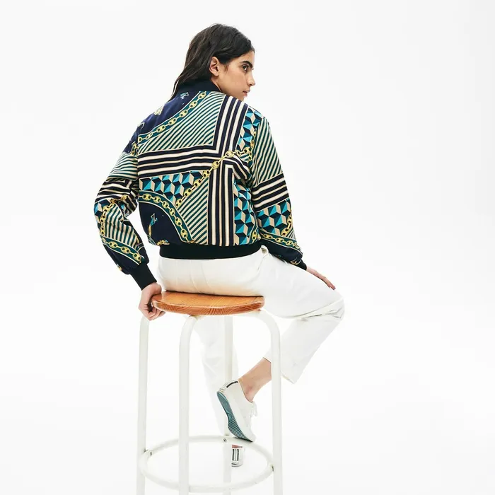 LIVE Lightweight ScarfPrint Bomber Jacket Navy BlueWhite Womens Lacoste Jackets and Coats Cheap On Sale