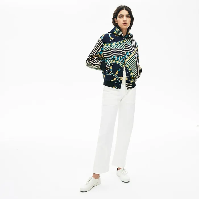 LIVE Lightweight ScarfPrint Bomber Jacket Navy BlueWhite Womens Lacoste Jackets and Coats Cheap On Sale