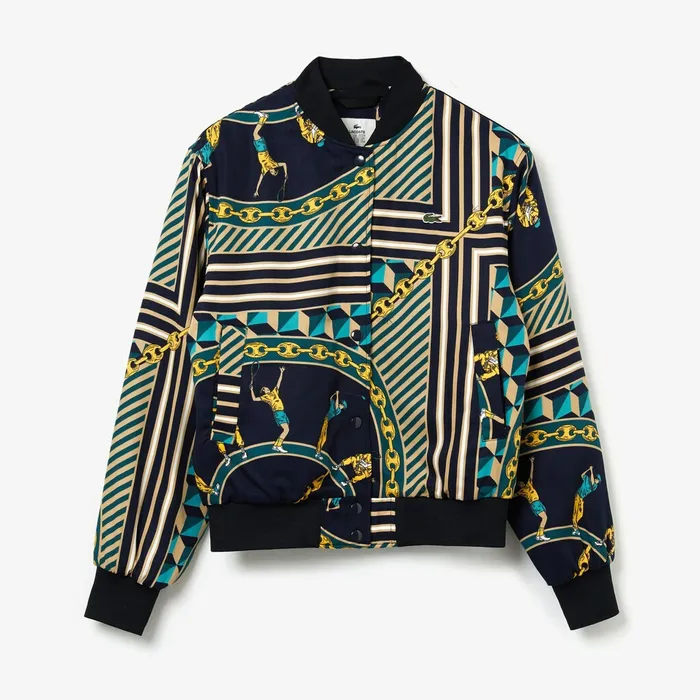 LIVE Lightweight ScarfPrint Bomber Jacket Navy BlueWhite Womens Lacoste Jackets and Coats Cheap On Sale