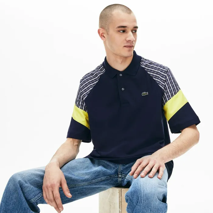 LIVE Loose Fit Patchwork Petit Piqu Polo BlueYellowWhite Mens Lacoste Polos Gift for Friend LIVE Loose Fit Patchwork Petit Piqu Polo BlueYellowWhite Mens Lacoste Polos Gift for Friend