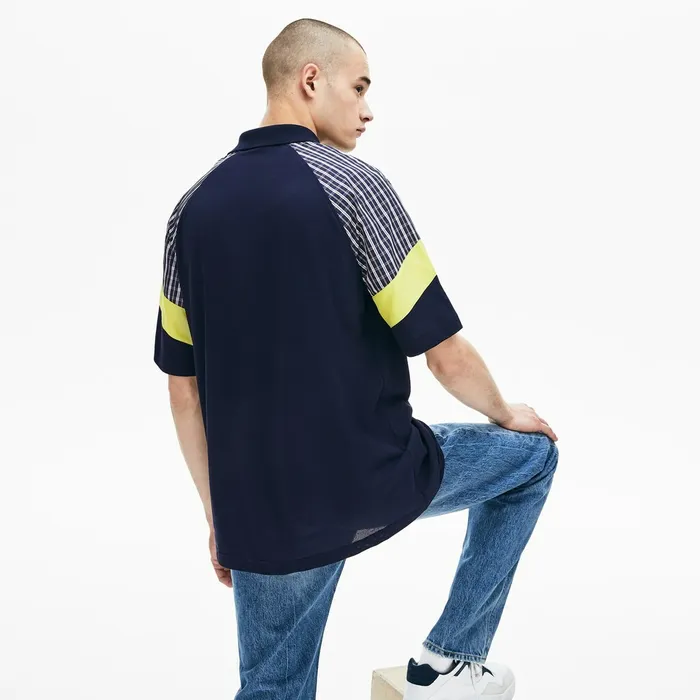 LIVE Loose Fit Patchwork Petit Piqu Polo BlueYellowWhite Mens Lacoste Polos Gift for Friend