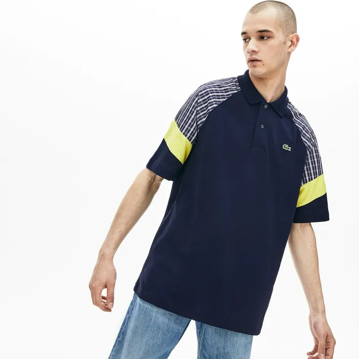 LIVE Loose Fit Patchwork Petit Piqu Polo BlueYellowWhite Mens Lacoste Polos Gift for Friend