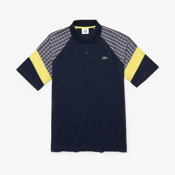 LIVE Loose Fit Patchwork Petit Piqu Polo BlueYellowWhite Mens Lacoste Polos Gift for Friend