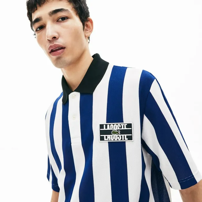 LIVE Loose Fit Striped Cotton Piqu Polo Shirt WhiteNavy BlueBlack Mens Lacoste Polos Near Me