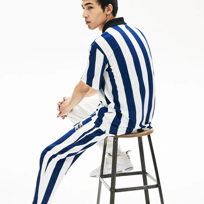 LIVE Loose Fit Striped Cotton Piqu Polo Shirt WhiteNavy BlueBlack Mens Lacoste Polos Near Me