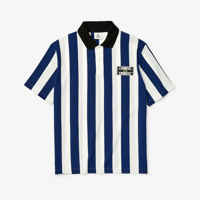 LIVE Loose Fit Striped Cotton Piqu Polo Shirt WhiteNavy BlueBlack Mens Lacoste Polos Near Me