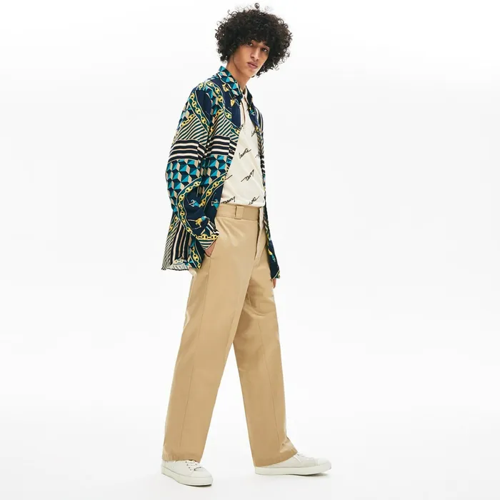 LIVE Pleated Cotton Chinos Beige Mens Lacoste Pants and Shorts Near Me