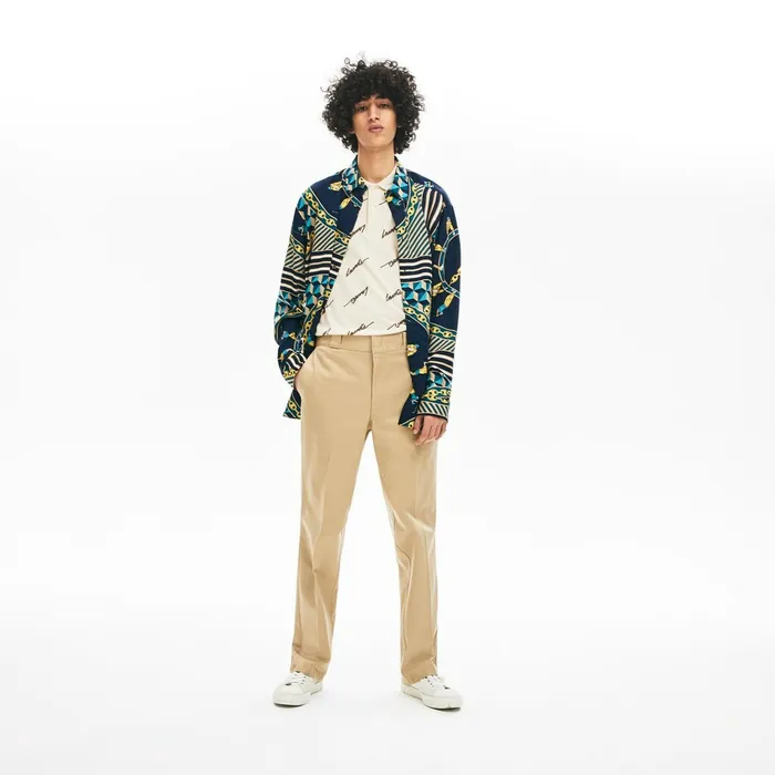 LIVE Pleated Cotton Chinos Beige Mens Lacoste Pants and Shorts Near Me