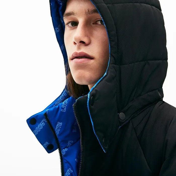 LIVE PrintLined Reversible Quilted Jacket BlackBlueWhite Mens Lacoste Jackets and Coats Cheap On Sale