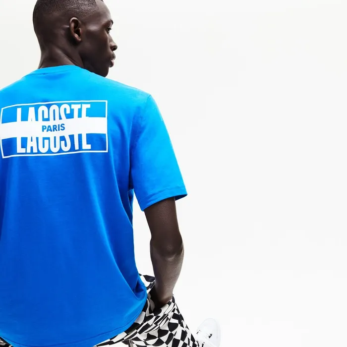 LIVE PrintedBack Cotton TShirt BlueWhite Mens Lacoste TShirts Shop Online
