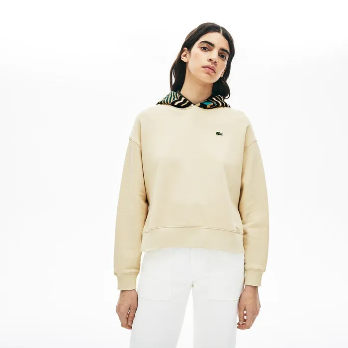 LIVE PrintedHood Fleece Sweatshirt BeigeWhite Womens Lacoste Sweaters and Sweatshirts Popular
