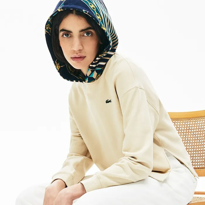 LIVE PrintedHood Fleece Sweatshirt BeigeWhite Womens Lacoste Sweaters and Sweatshirts Popular