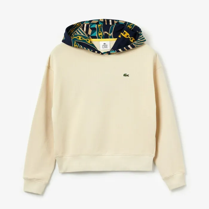 LIVE PrintedHood Fleece Sweatshirt BeigeWhite Womens Lacoste Sweaters and Sweatshirts Popular