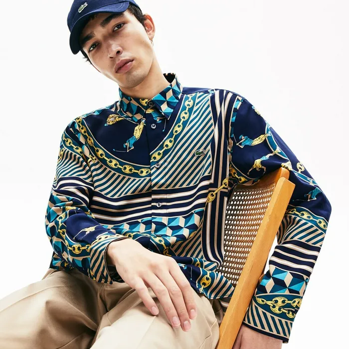 LIVE Relaxed Fit ScarfPrint Shirt Navy BlueWhite Mens Lacoste Button Down Shirts Outlet Factory