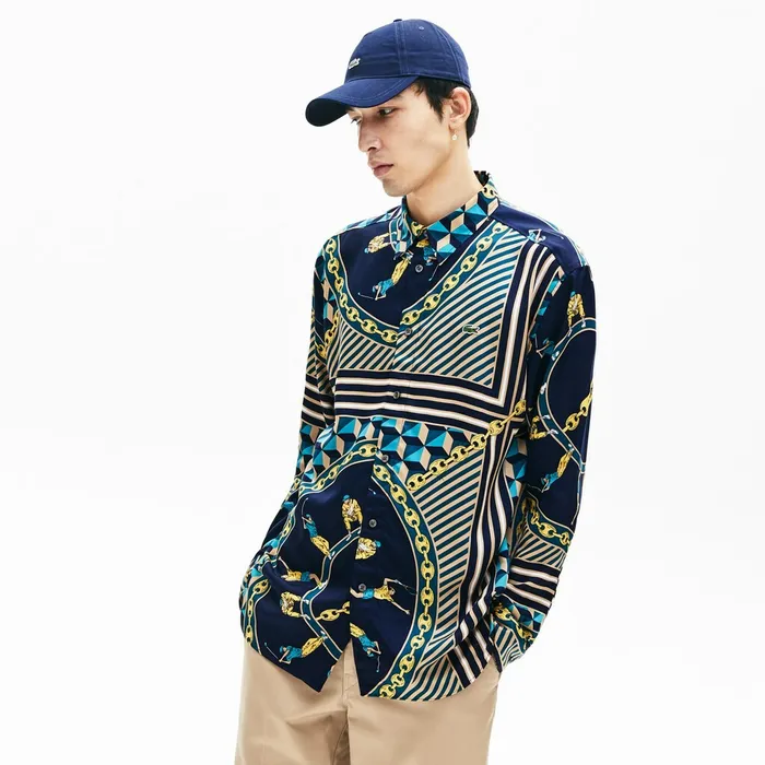 LIVE Relaxed Fit ScarfPrint Shirt Navy BlueWhite Mens Lacoste Button Down Shirts Outlet Factory