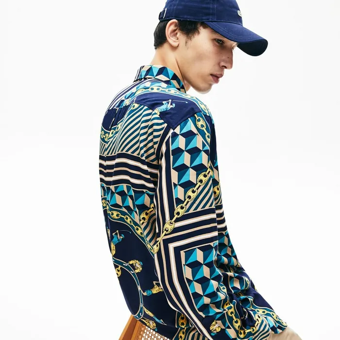 LIVE Relaxed Fit ScarfPrint Shirt Navy BlueWhite Mens Lacoste Button Down Shirts Outlet Factory