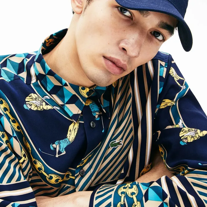 LIVE Relaxed Fit ScarfPrint Shirt Navy BlueWhite Mens Lacoste Button Down Shirts Outlet Factory